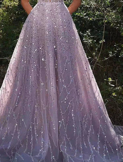 Vestidos de fiesta de corte A, brillantes y con brillo, formales, largos hasta el suelo, sin mangas, cuello en V, con lentejuelas y espalda descubierta.