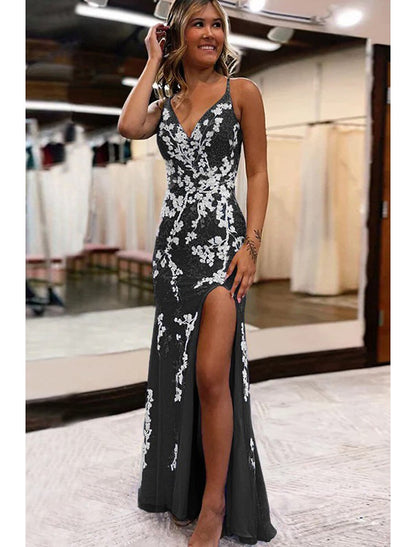 Vestidos de fiesta de sirena/trompeta, sexy, formal, con cola larga/cepillo, sin mangas, escote en V, tul, espalda descubierta y apliques con aberturas.