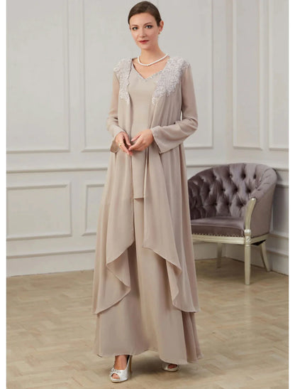 A-Line Mother of the Bride Dress Elegant Jewel Neck Floor Length Chiffon Long Sleeve Jacket Dresses with Appliques