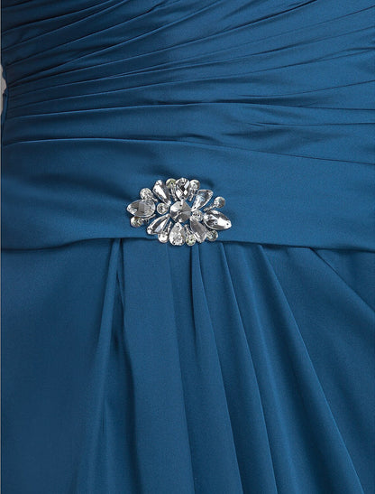 Vestido de madre de la novia de corte tubo/columna, de inspiración vintage, con escote joya, largo hasta el suelo, de satén en gasa, sin mangas y con cuentas