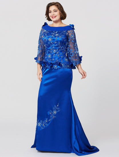 Suknia dla matki panny młodej w kroju syreny / trąbki, formalna, plus size, elegancka, dekolt w łódkę, tren z rozcięciem / szczotką, koronka na szarmezie, długi rękaw, bez plis, falbanki