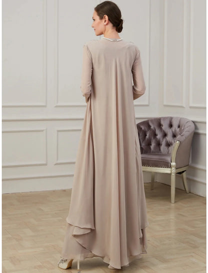 A-Line Mother of the Bride Dress Elegant Jewel Neck Floor Length Chiffon Long Sleeve Jacket Dresses with Appliques