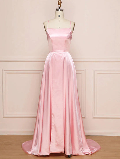 A-Line Prom Dresses Minimalist Dress Party Wear Sweep / Brush Train Sleeveless Spaghetti Strap Satin with Pleats Slit