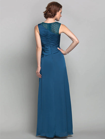 Vestido de madre de la novia de corte tubo/columna, de inspiración vintage, con escote joya, largo hasta el suelo, de satén en gasa, sin mangas y con cuentas