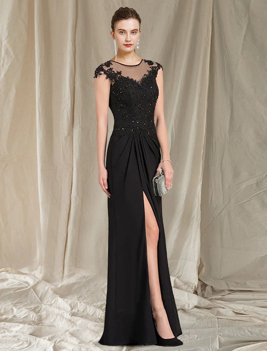 Suknia dla matki panny młodej o kroju tuby/kolumny, elegancka, sięgająca do ziemi, z koronkowego szyfonu, z krótkim rękawem i aplikacjami, z rozcięciem z przodu