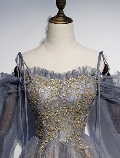 Vestidos de fiesta de corte A, brillantes, para invitadas de boda, largo hasta el suelo, mangas 3/4, tirantes finos, tul con bordado de lentejuelas