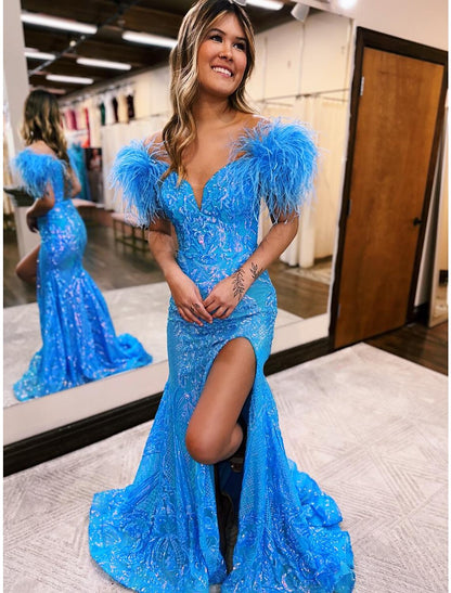 Vestidos de fiesta de sirena/trompeta con brillo y brillo, vestido formal de corte en cola, sin mangas, cuello en V, lentejuelas, espalda descubierta con abertura de lentejuelas