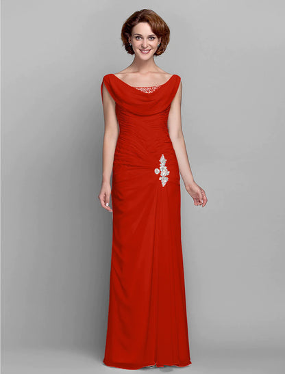 Vestido de madre de la novia de estilo tubo/columna, de inspiración vintage, cuello vuelto, largo hasta el suelo, de gasa, sin mangas, con botones y cristales entrecruzados.