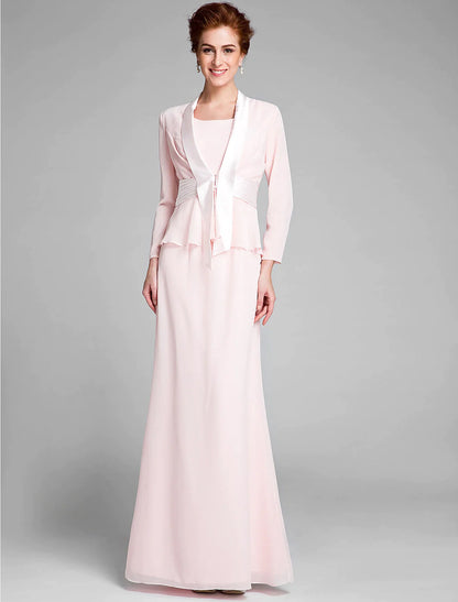 Vestido de sirena/trompeta para madre de la novia, convertible, escote redondo, largo hasta el suelo, gasa, manga larga, cruzado, incluido con faja/cinta