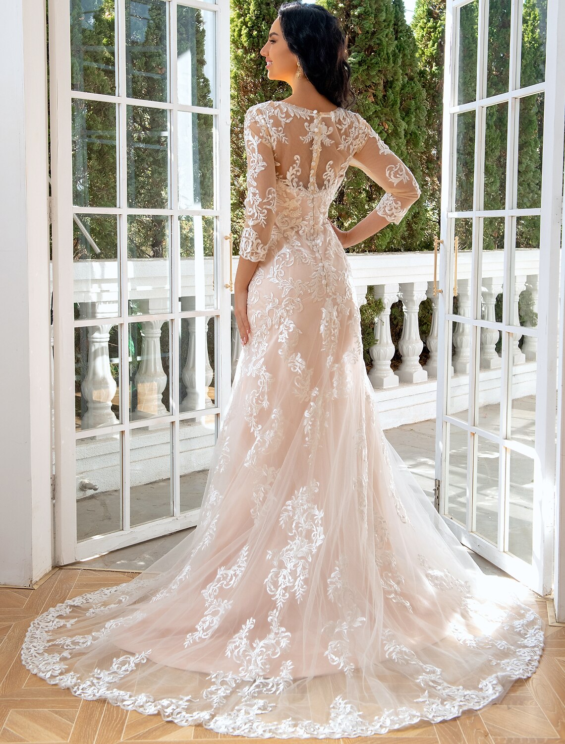 Vestidos de novia formales de compromiso, corte sirena/trompeta, escote corazón, manga larga, cola larga, encaje, apliques