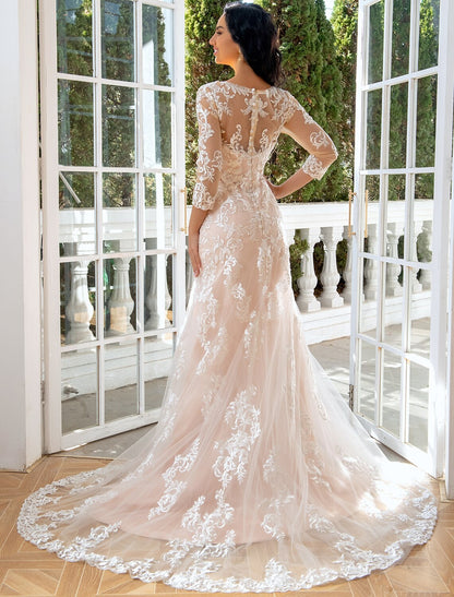 Vestidos de novia formales de compromiso, corte sirena/trompeta, escote corazón, manga larga, cola larga, encaje, apliques