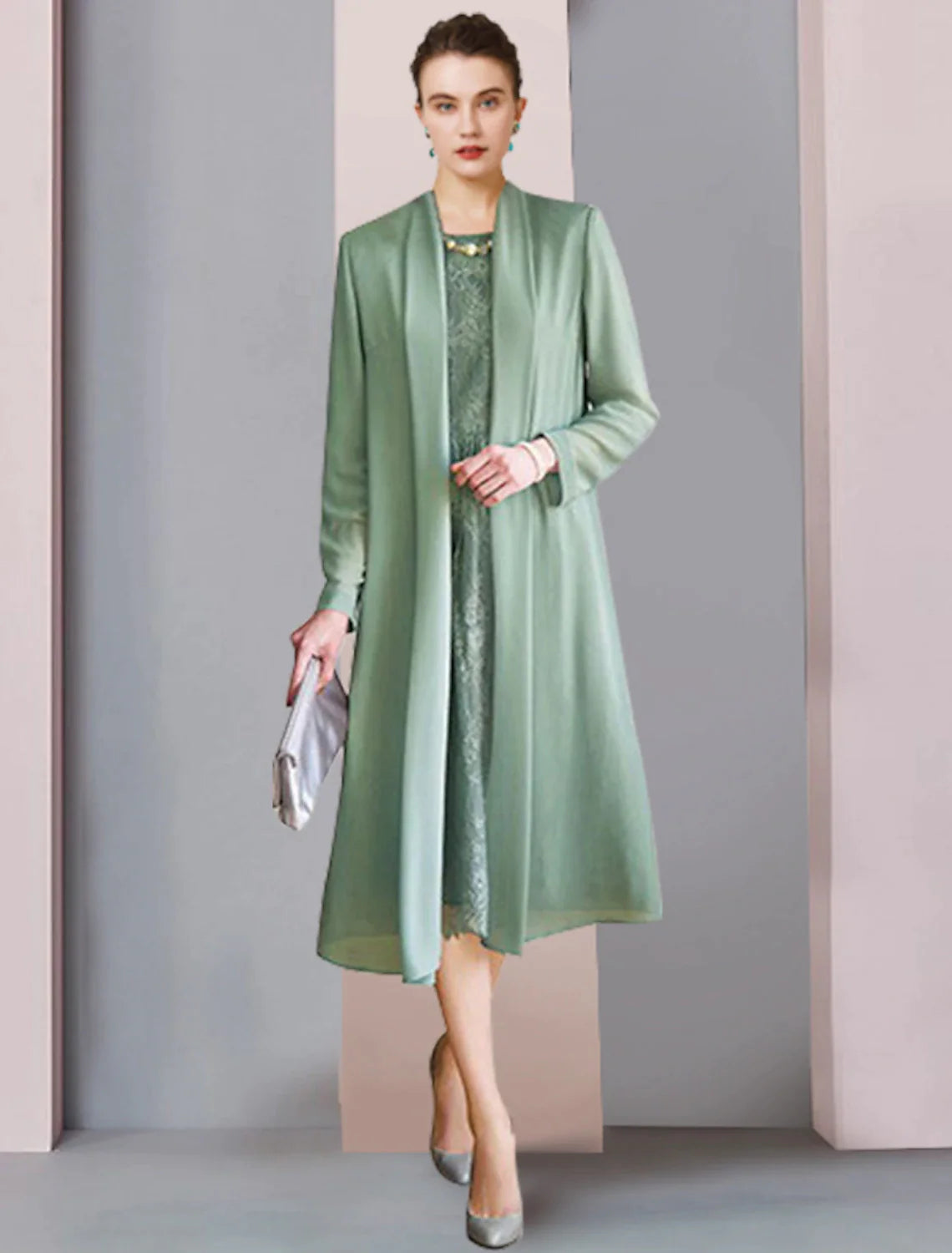 Dwuczęściowa sukienka typu tuba/kolumna dla matki panny młodej, formalna, na przyjęcie weselne, elegancka, z dekoltem w łódkę, z szyfonu i koronki, z rękawem 3/4, w jednolitym kolorze