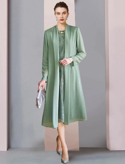 Dwuczęściowa sukienka typu tuba/kolumna dla matki panny młodej, formalna, na przyjęcie weselne, elegancka, z dekoltem w łódkę, z szyfonu i koronki, z rękawem 3/4, w jednolitym kolorze