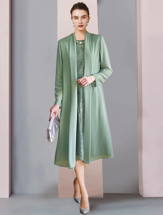 Dwuczęściowa sukienka typu tuba/kolumna dla matki panny młodej, formalna, na przyjęcie weselne, elegancka, z dekoltem w łódkę, z szyfonu i koronki, z rękawem 3/4, w jednolitym kolorze