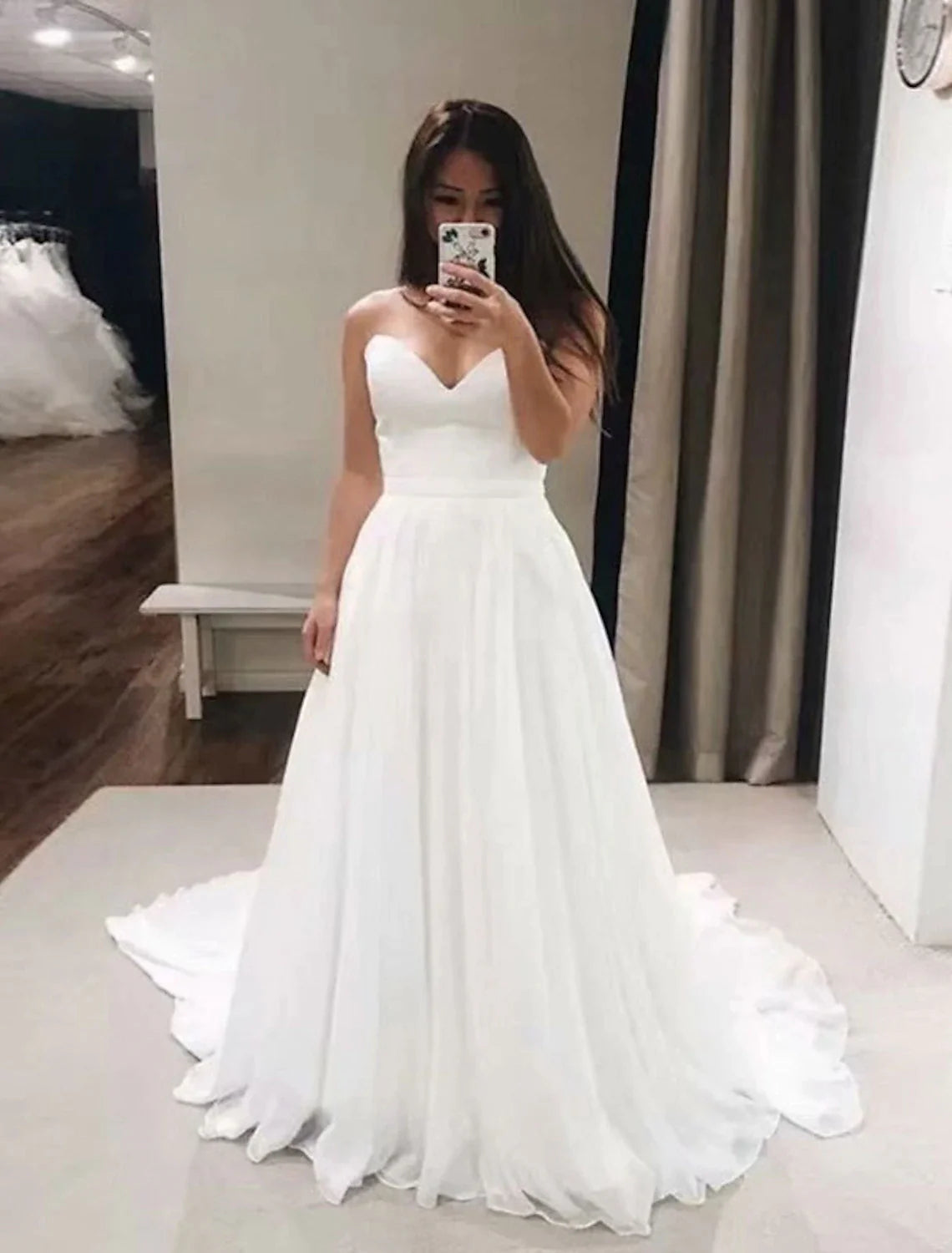 Vestidos de novia formales e informales de recepción, corte A, escote corazón, sin tirantes, cola de corte, vestidos de novia de gasa con