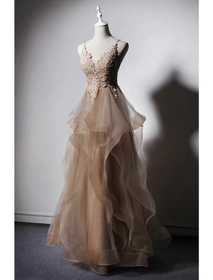 Vestidos de fiesta de corte A, sexys, formales, largos hasta el suelo, sin mangas, tirantes finos, encaje con volantes y apliques