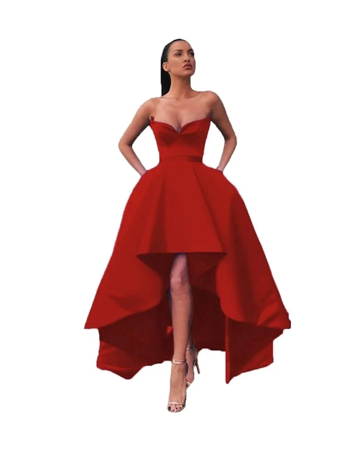 Vestidos de fiesta de corte A, sexys, asimétricos, sin mangas, hombros descubiertos, con bolsillos de satén