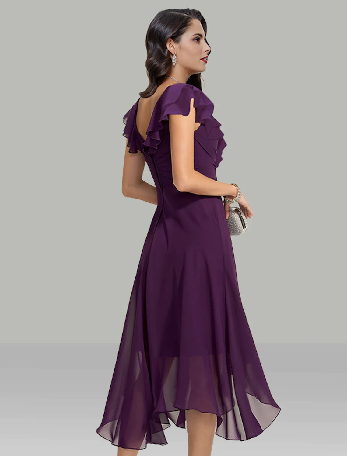 Vestido elegante de corte A para invitada de boda, para cóctel, fiesta, largo hasta la rodilla, manga corta, cuello en V, de gasa con diamantes de imitación.
