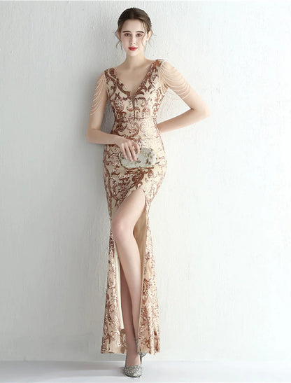 Mermaid / Trumpet Evening Gown Sparkle & Shine Dress Formal Floor Length Short Sleeve V Neck Sequined with Sequin Slit