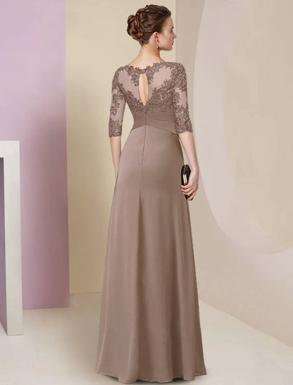 Sheath / Column Mother of the Bride Dress Simple Elegant Jewel Neck Floor Length Chiffon Lace Half Sleeve with Pleats Solid Color
