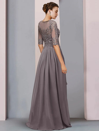Sheath / Column Mother of the Bride Dress Wedding Guest Party Elegant Scoop Neck Asymmetrical Chiffon Lace Half Sleeve with Pleats