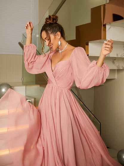 Vestidos de corte A/princesa de gasa 30D con escote en V fruncido y mangas largas hasta el suelo