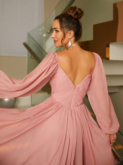 Vestidos de corte A/princesa de gasa 30D con escote en V fruncido y mangas largas hasta el suelo