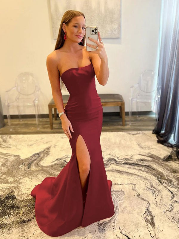 Vestidos de corte tubo/columna de crepé elástico, sin tirantes, sin mangas y con cola larga