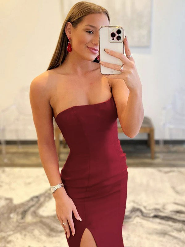 Vestidos de corte tubo/columna de crepé elástico, sin tirantes, sin mangas y con cola larga