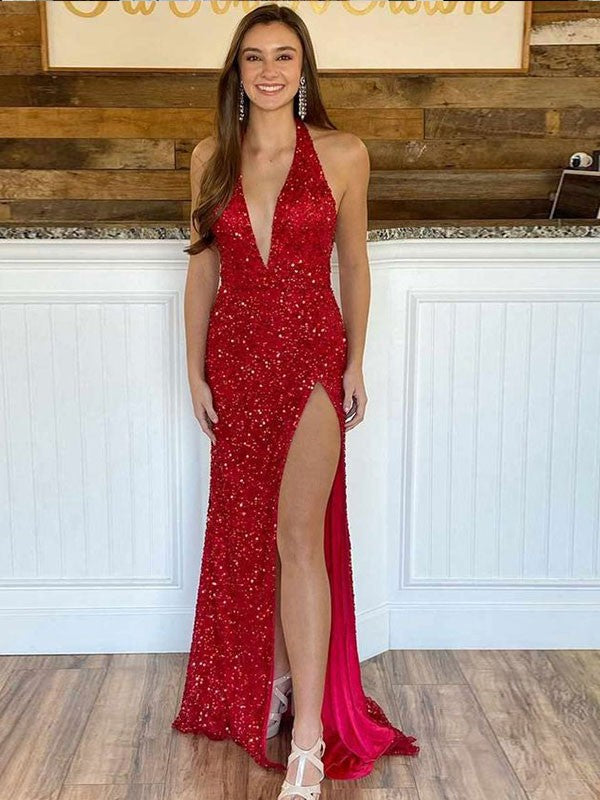 Vestidos de corte tubo/columna con lentejuelas, cuello halter, sin mangas y con cola larga