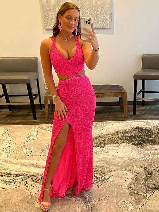 Vestidos de terciopelo con lentejuelas, escote en V, sin mangas y cola larga