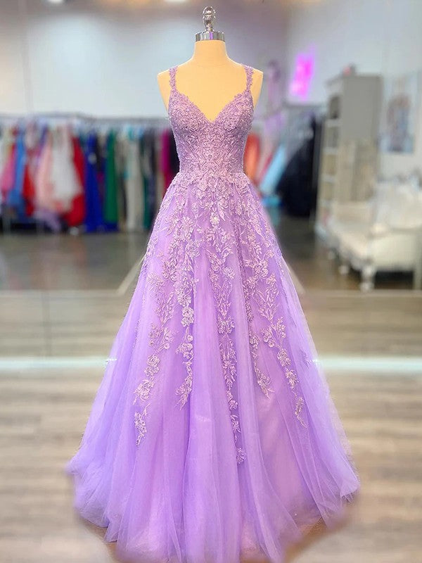 Vestidos de corte A/princesa con apliques de tul, escote en V, sin mangas y cola larga
