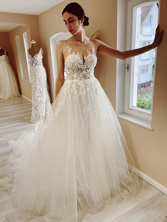 Vestidos de novia de corte A/princesa con apliques de tul, escote redondo, sin mangas y cola capilla