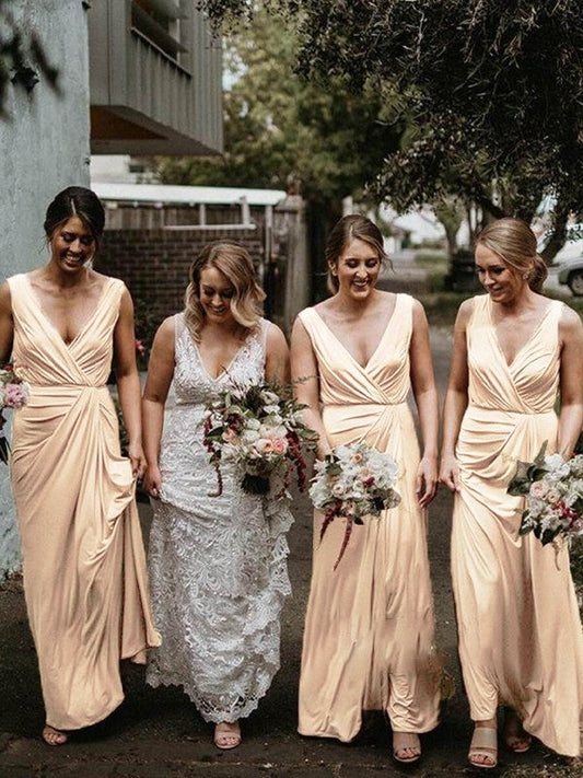 Vestidos de dama de honor de corte tubo/columna, jersey fruncido, escote en V, sin mangas y hasta el suelo
