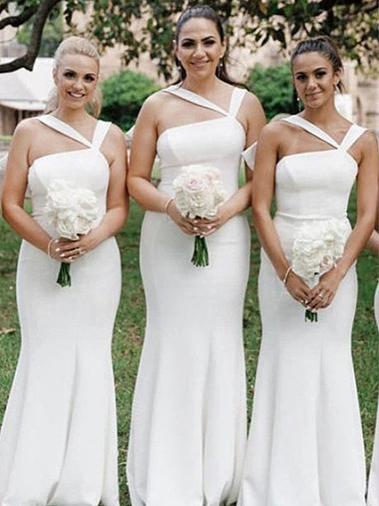 Vestidos de dama de honor de corte trompeta/sirena, de crepé elástico, fruncido, halter, sin mangas, hasta el suelo