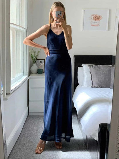 Vestido de dama de honor de satén elástico, con escote en V fruncido, sin mangas y largo hasta los tobillos, con corte tubo/columna