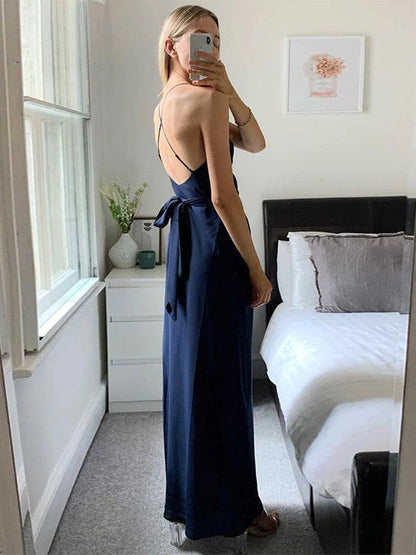 Vestido de dama de honor de satén elástico, con escote en V fruncido, sin mangas y largo hasta los tobillos, con corte tubo/columna