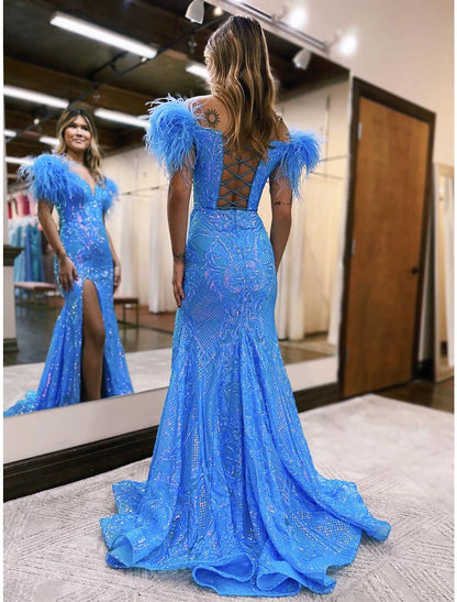 Vestidos de fiesta de sirena/trompeta con brillo y brillo, vestido formal de corte en cola, sin mangas, cuello en V, lentejuelas, espalda descubierta con abertura de lentejuelas