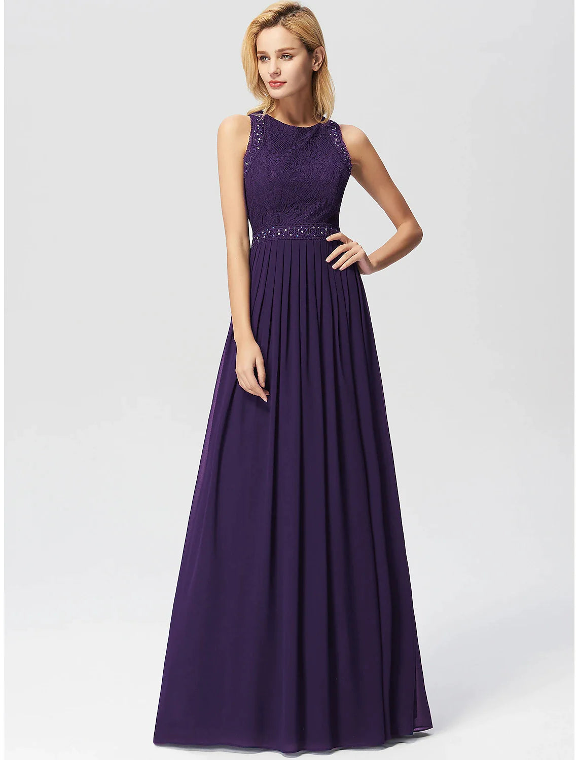 Vestidos de fiesta de corte A, vestido largo para invitadas de boda, largo hasta el suelo, sin mangas, cuello joya, gasa con pliegues