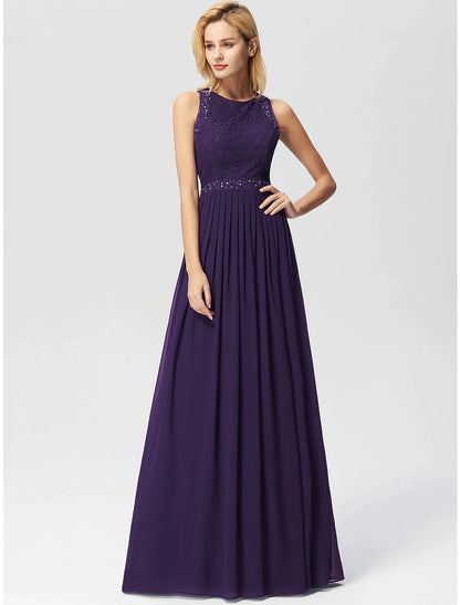 Vestidos de fiesta de corte A, vestido largo para invitadas de boda, largo hasta el suelo, sin mangas, cuello joya, gasa con pliegues