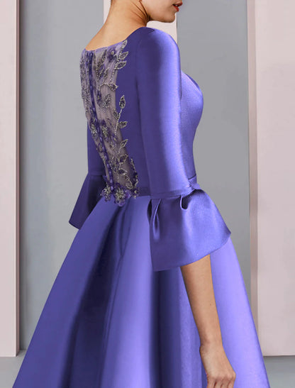Vestido de madre de la novia de corte A, formal, fiesta, elegante, escote redondo, largo hasta el suelo, satén, manga 3/4 con lazo(s), pliegues, bordado