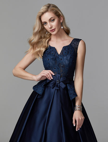 Vestido de fiesta Peplum de quinceañera, vestido de noche formal, escote en V, sin mangas, largo hasta el suelo, encaje con lazo(s) y cuentas