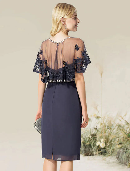 Vestido de cóctel con corte tubo/columna, convertible, para invitada de boda, largo hasta la rodilla, manga corta, sin tirantes, con encaje y apliques de encaje.