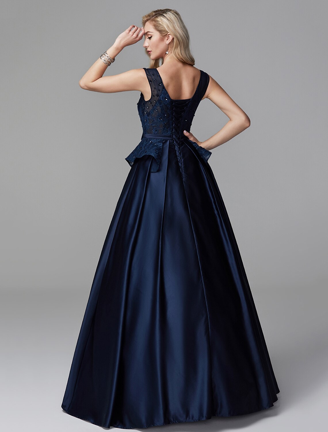 Vestido de fiesta Peplum de quinceañera, vestido de noche formal, escote en V, sin mangas, largo hasta el suelo, encaje con lazo(s) y cuentas