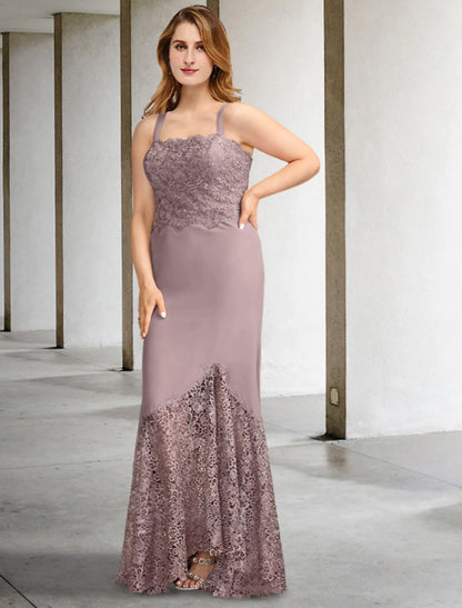 Two Piece A-Line Plus Size Curve Mother of the Bride Dresses Elegant Dress Formal Asymmetrical Sleeveless Square Neck Chiffon with Appliques Splicing