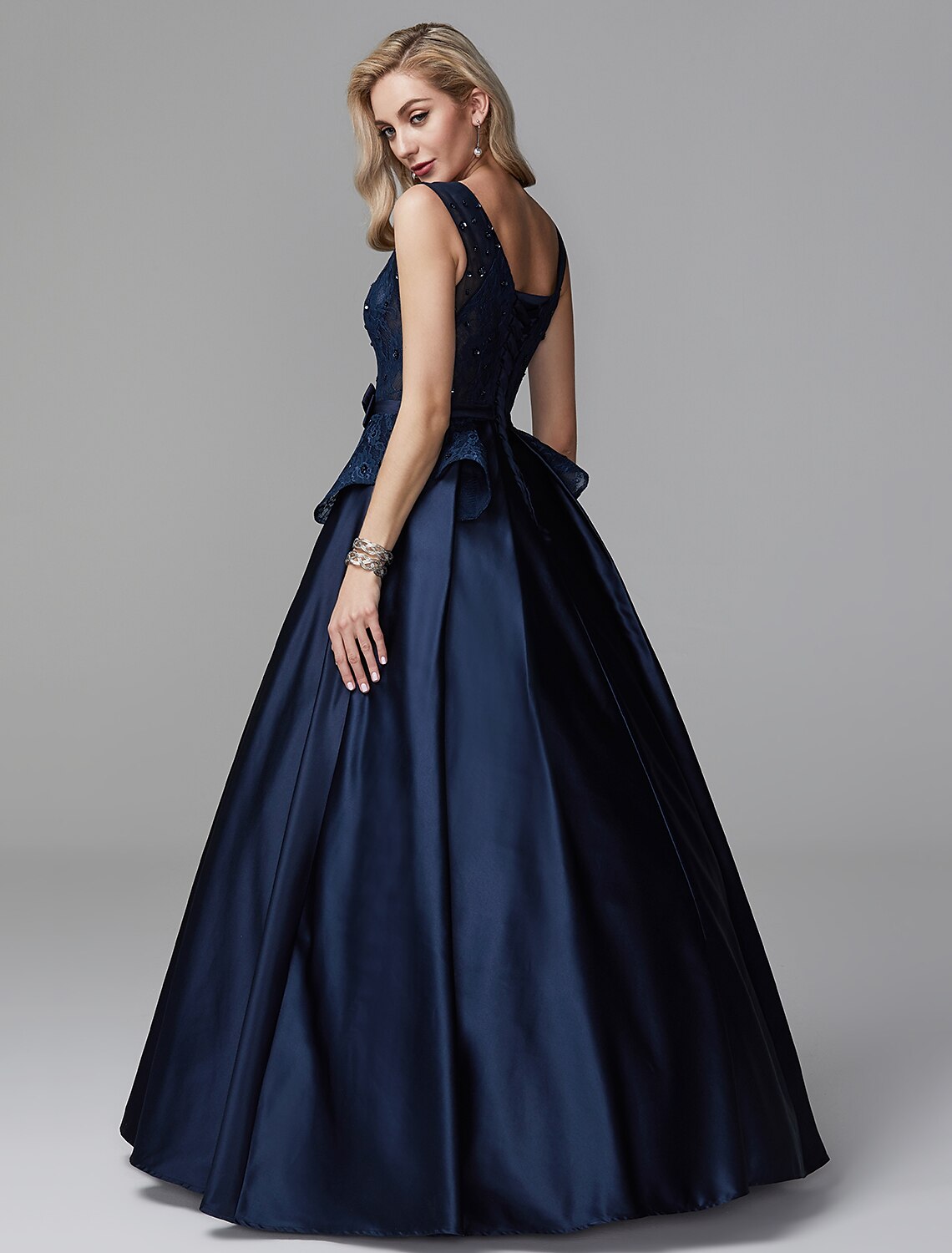 Vestido de fiesta Peplum de quinceañera, vestido de noche formal, escote en V, sin mangas, largo hasta el suelo, encaje con lazo(s) y cuentas