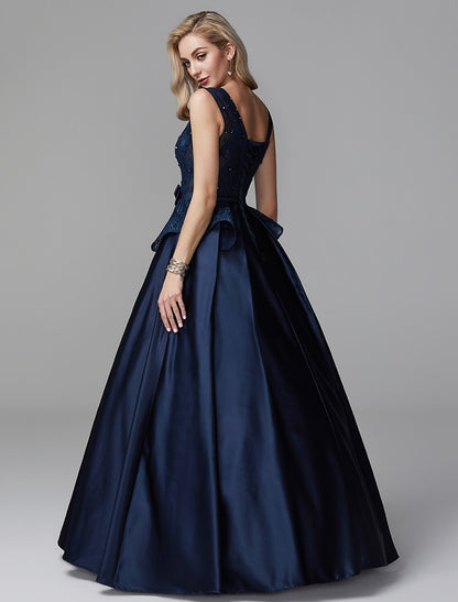 Vestido de fiesta Peplum de quinceañera, vestido de noche formal, escote en V, sin mangas, largo hasta el suelo, encaje con lazo(s) y cuentas