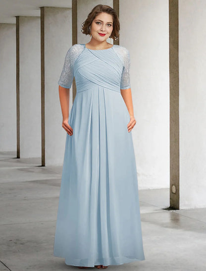 Suknia dla matki panny młodej w kształcie litery A, plus size, elegancka, z dekoltem w kształcie łezki, sięgająca do ziemi, z szyfonu, z koronką, z krótkim rękawem i zakładkami, z marszczeniami i aplikacjami