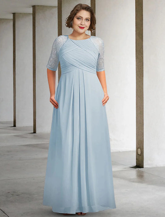 Suknia dla matki panny młodej w kształcie litery A, plus size, elegancka, z dekoltem w kształcie łezki, sięgająca do ziemi, z szyfonu, z koronką, z krótkim rękawem i zakładkami, z marszczeniami i aplikacjami