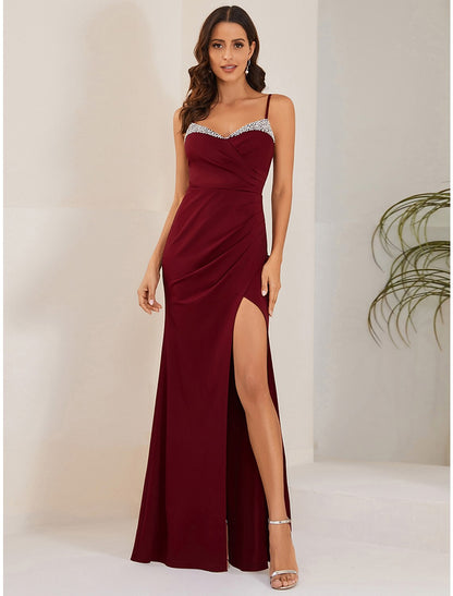 Vestido de novia de sirena/trompeta, sexy, formal, largo hasta el suelo, sin mangas, tirantes finos, tejido elástico con abertura.